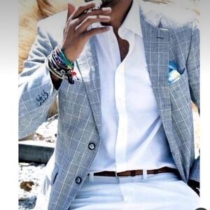 Ermenegildo Zegna fabric x Giovanni Men’s Blazer Blue Gray Plaid Lighweight 48R